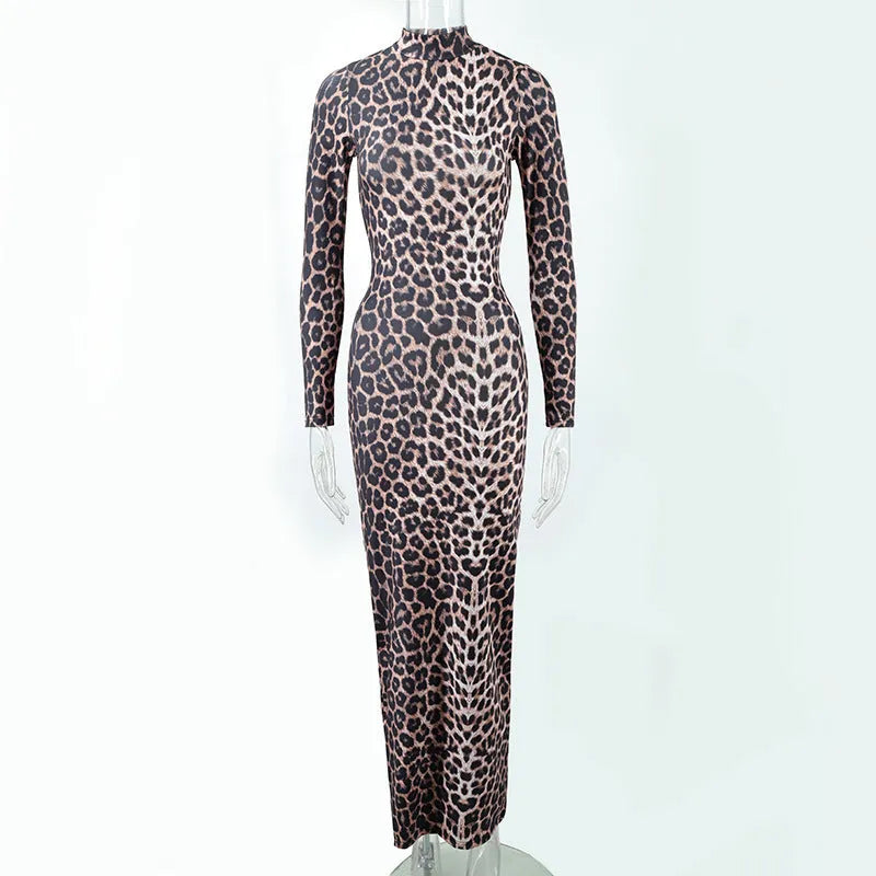 Fashion leopard print stand collar long sleeve long dress with high waist hip skirt in milk silk fabric