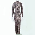 Fashion leopard print stand collar long sleeve long dress with high waist hip skirt in milk silk fabric