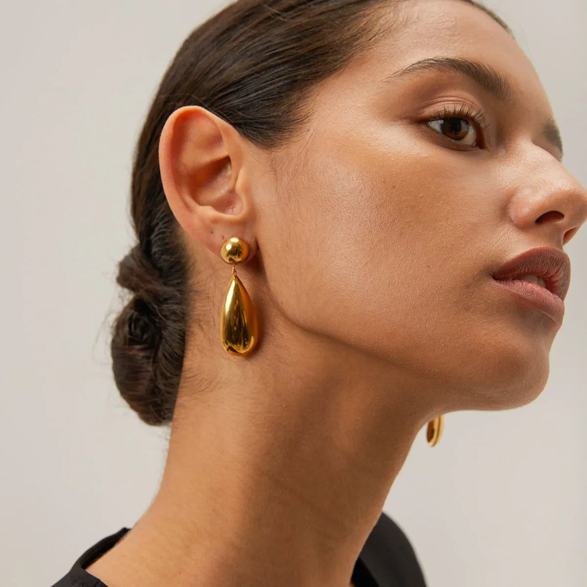 Gold electroplated stainless steel hemisphere water drop pendant earrings for women