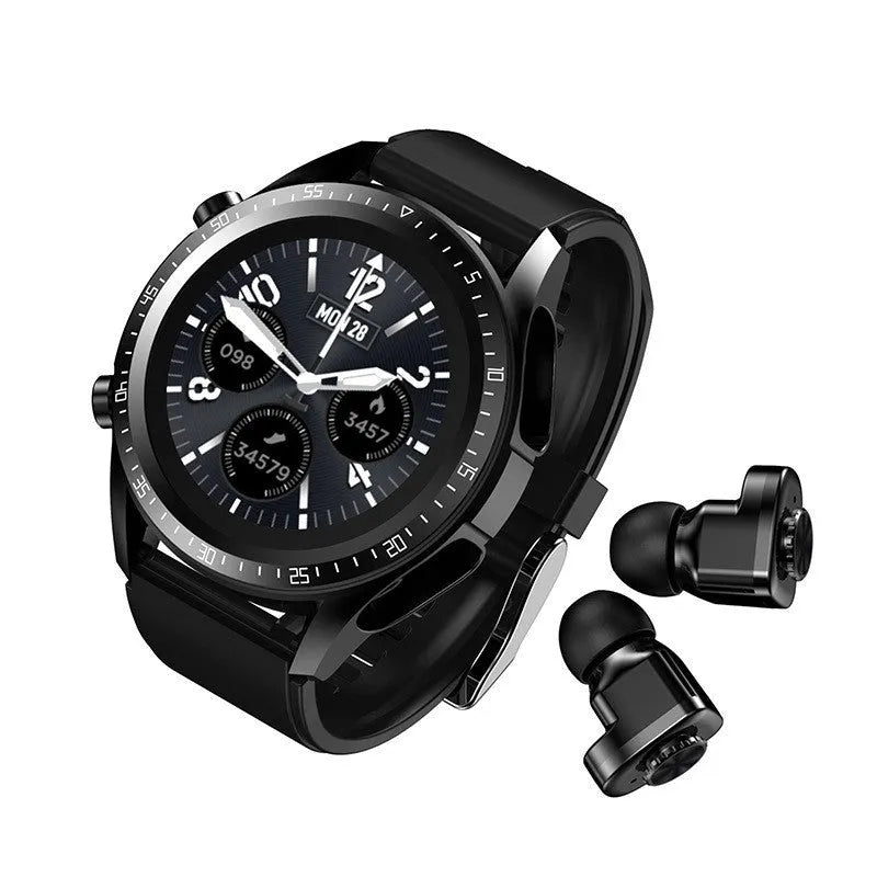 Black smart watch with blood pressure monitoring on silicone strap showing 1.28-inch screen