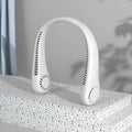 White USB rechargeable bladeless neck fan showing adjustable neckband and air vents