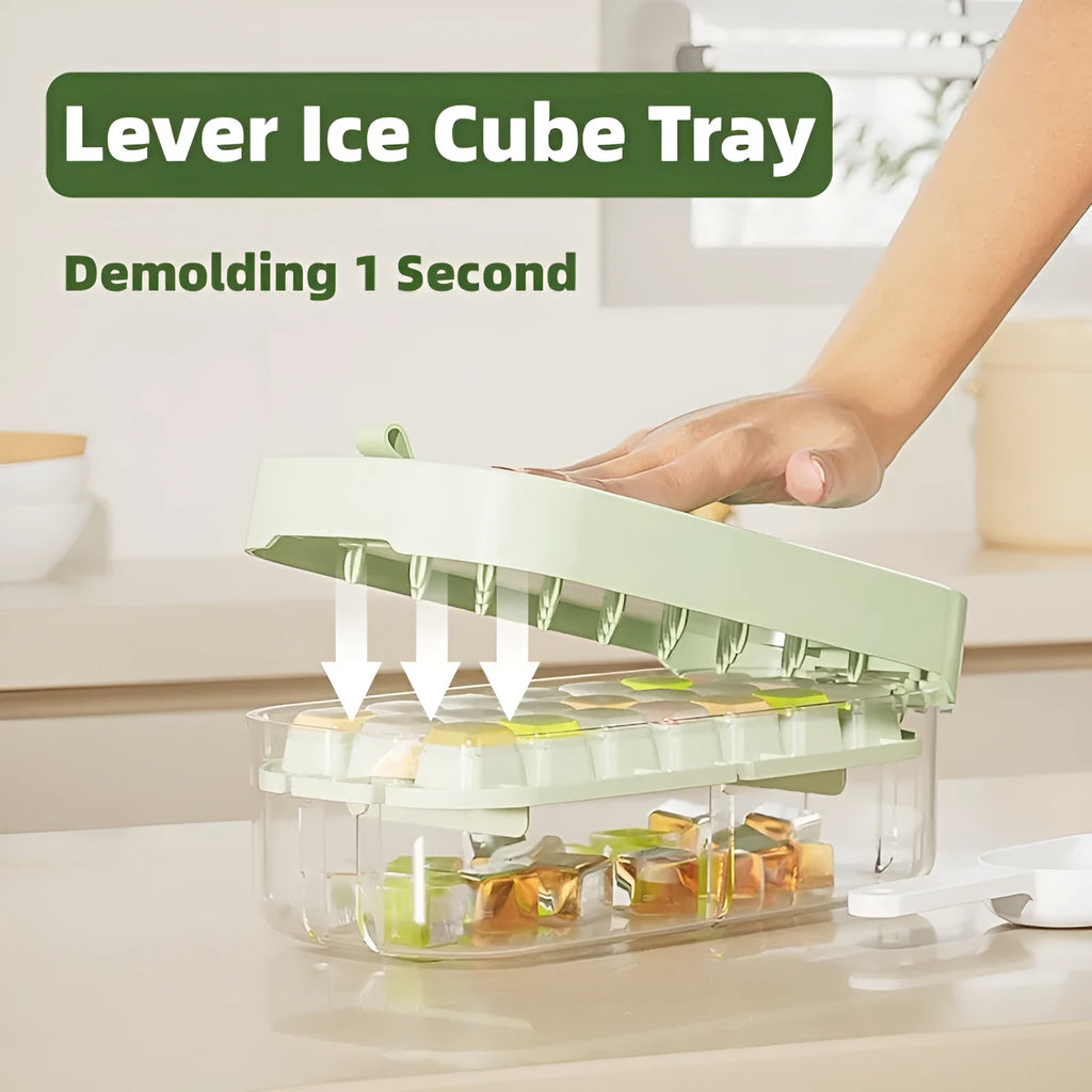 High capacity ice cube tray grid with lever mechanism, food grade PP PET TPE, includes ice shovel, blue colour