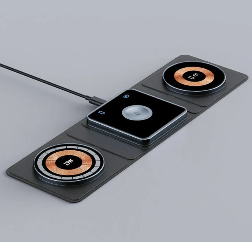 Black Magsafe transparent acrylic three-in-one wireless charger with Type-C port on a desk