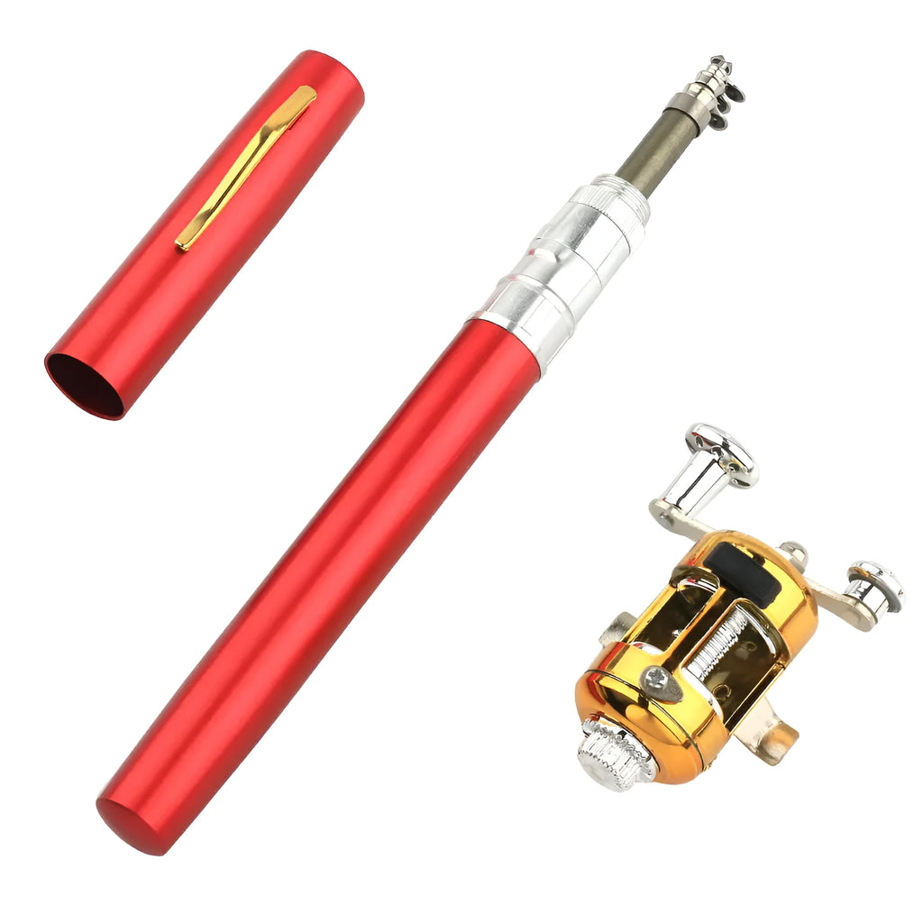 Compact telescopic pen fishing rod and reel kit collapsed to 20.5cm, shown with gold aluminium case.