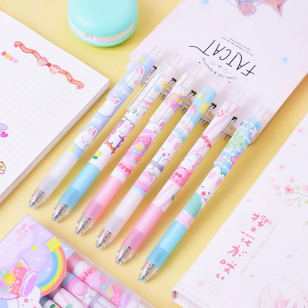 Pack of six black ink pens with cartoon bunny design and 0.5mm fine tips.