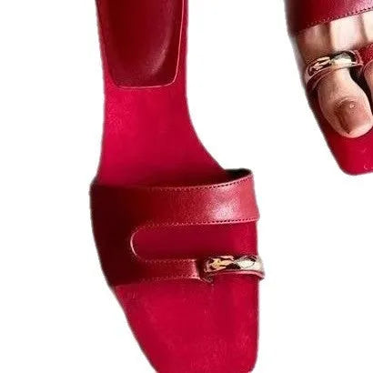 Plus size square head outdoor slippers in black with leather upper and rubber sole
