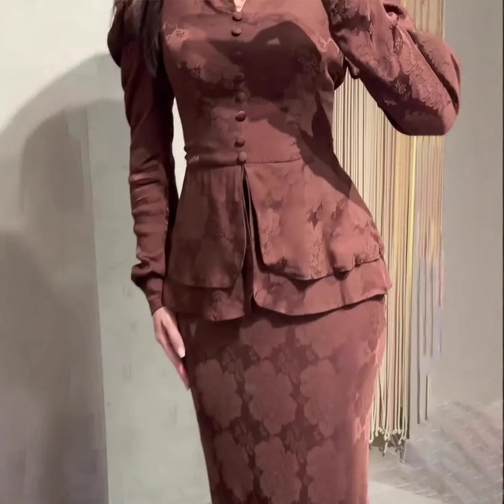Dark brown retro women's dress with floral pattern, button front, and long sleeves