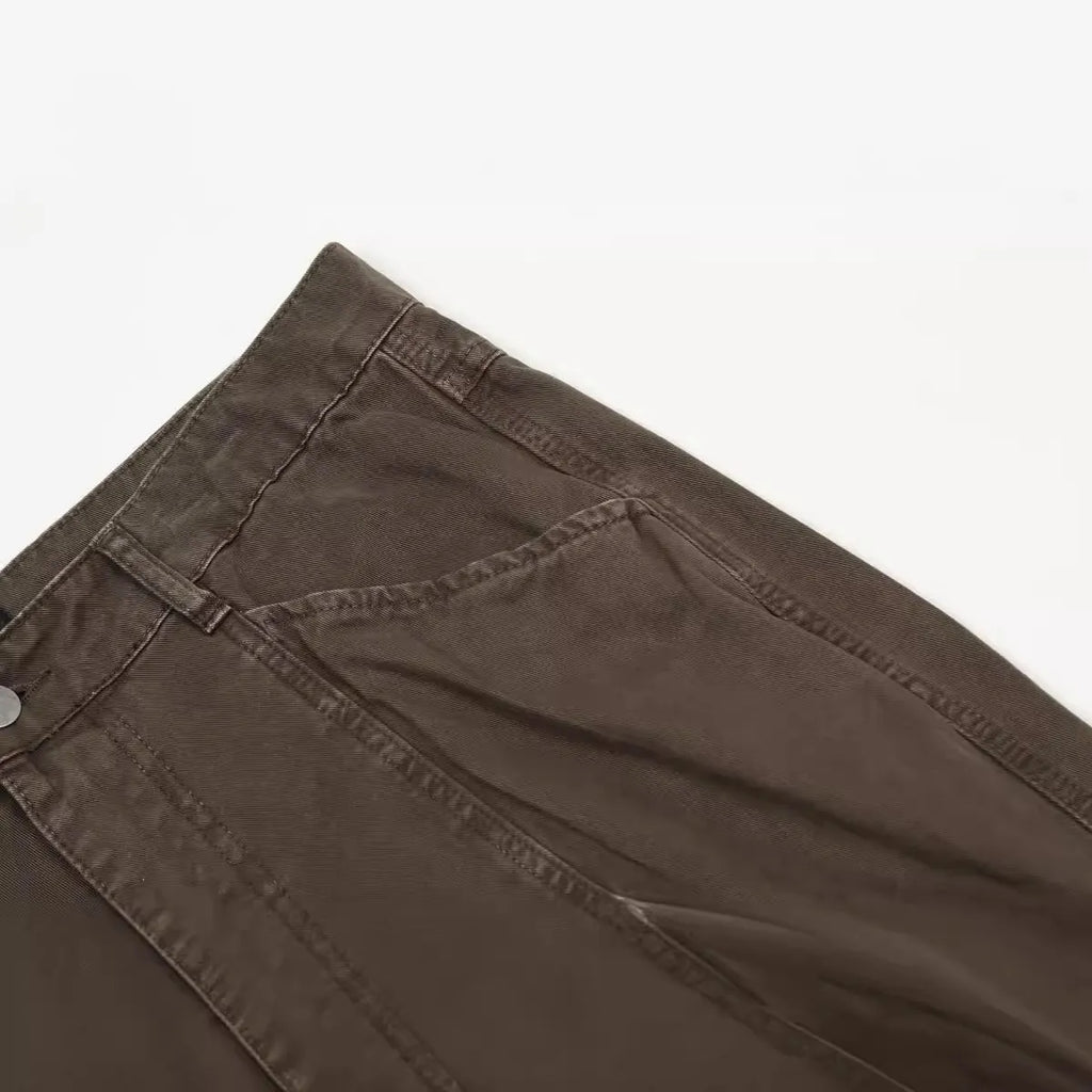 Men's straight-leg wide leg trousers in brown cotton fabric with high waist and zipper fly