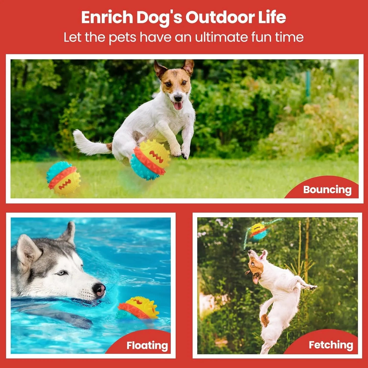 Blue and red TPR rubber dog chew ball with textured bumps and rope ends