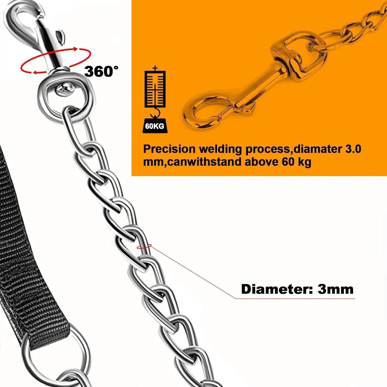Heavy duty metal dog chain leash with soft padded handle, shown in black colour