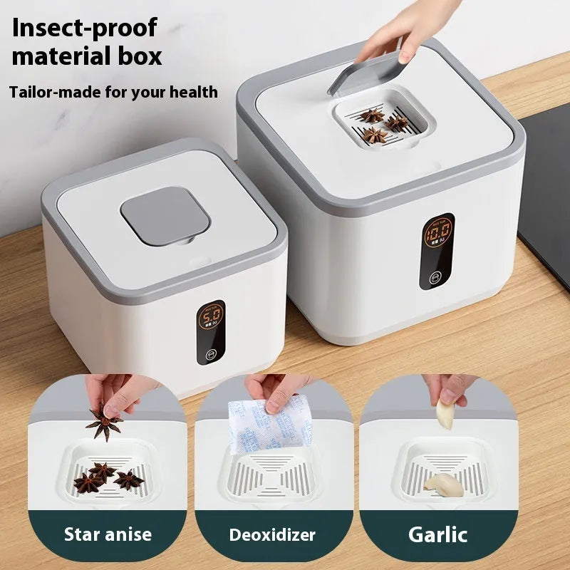 Grey plastic rice storage jar with lid, showing three size options for 10kg, 20kg and 30kg capacity