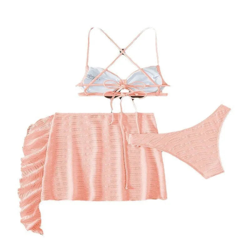 Lace-up bikini three-piece swimsuit for women in light pink and rose red, made from polyester, with top, trousers, and skirt