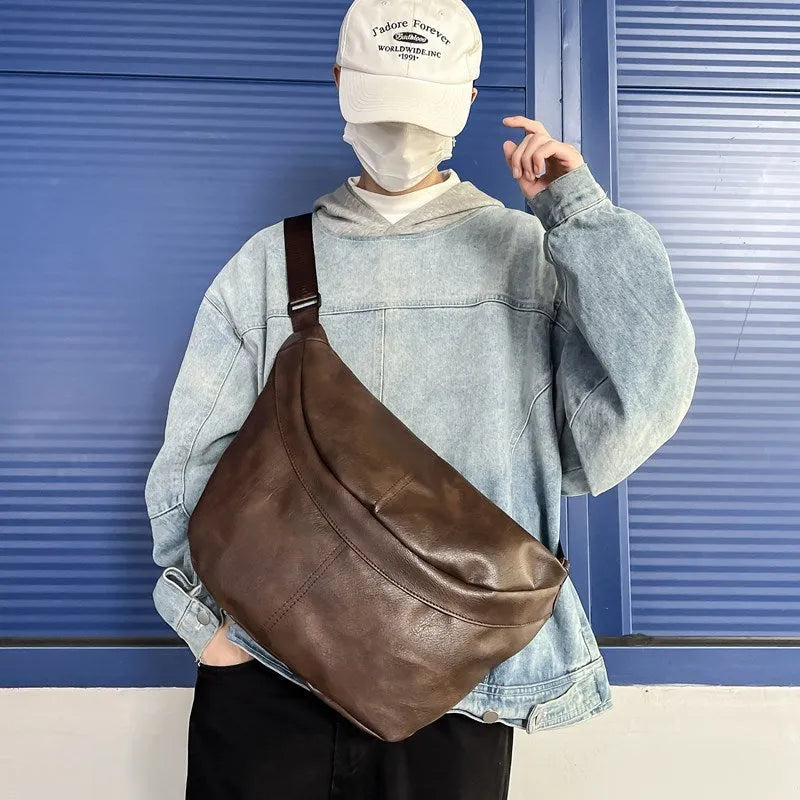Retro large capacity men's crossbody bag in brown, black, and white PU leather with waterproof feature