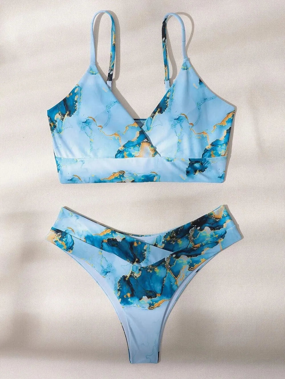 Women's marble tie-dye high-waist bikini swimsuit with U-neck top