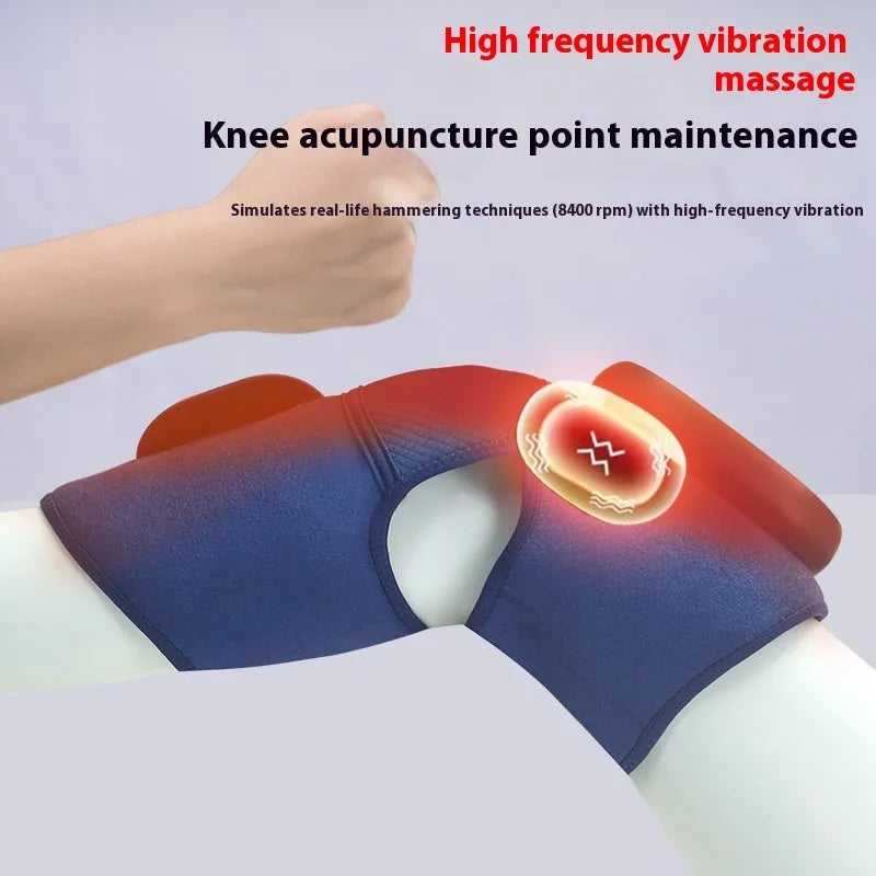 Blue self-heating knee massager with adjustable straps for vibration, heat and air pressure therapy
