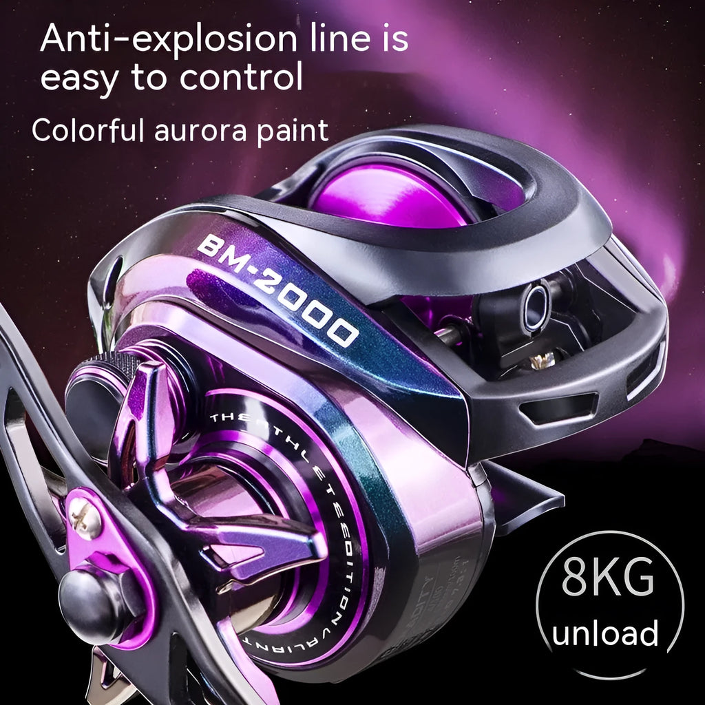 BM2000 fishing reel with colourful water drop design and magnetic brake system