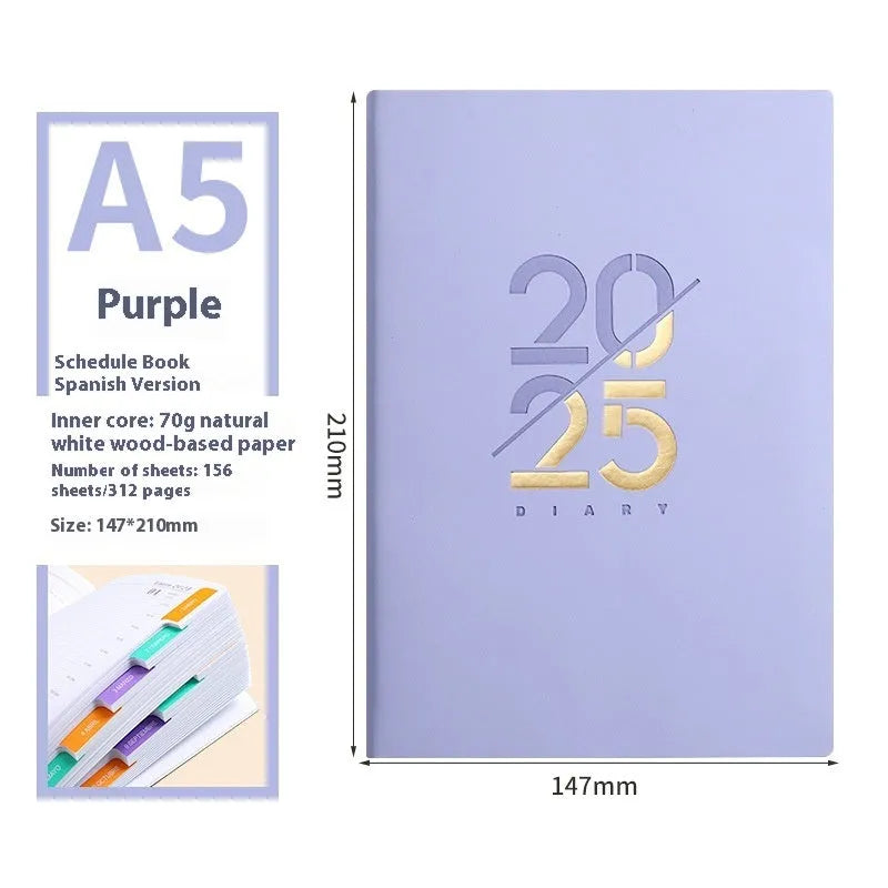 2025 A5 daily plan schedule book with soft faux leather cover in blue, pink, yellow, purple and green