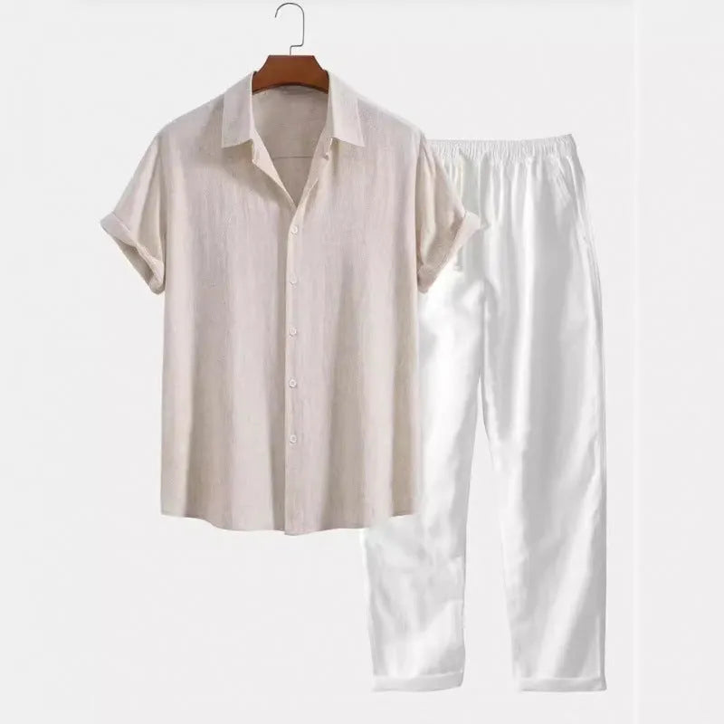 Men's casual matching shirt and trousers set in linen-blend fabric with short sleeves