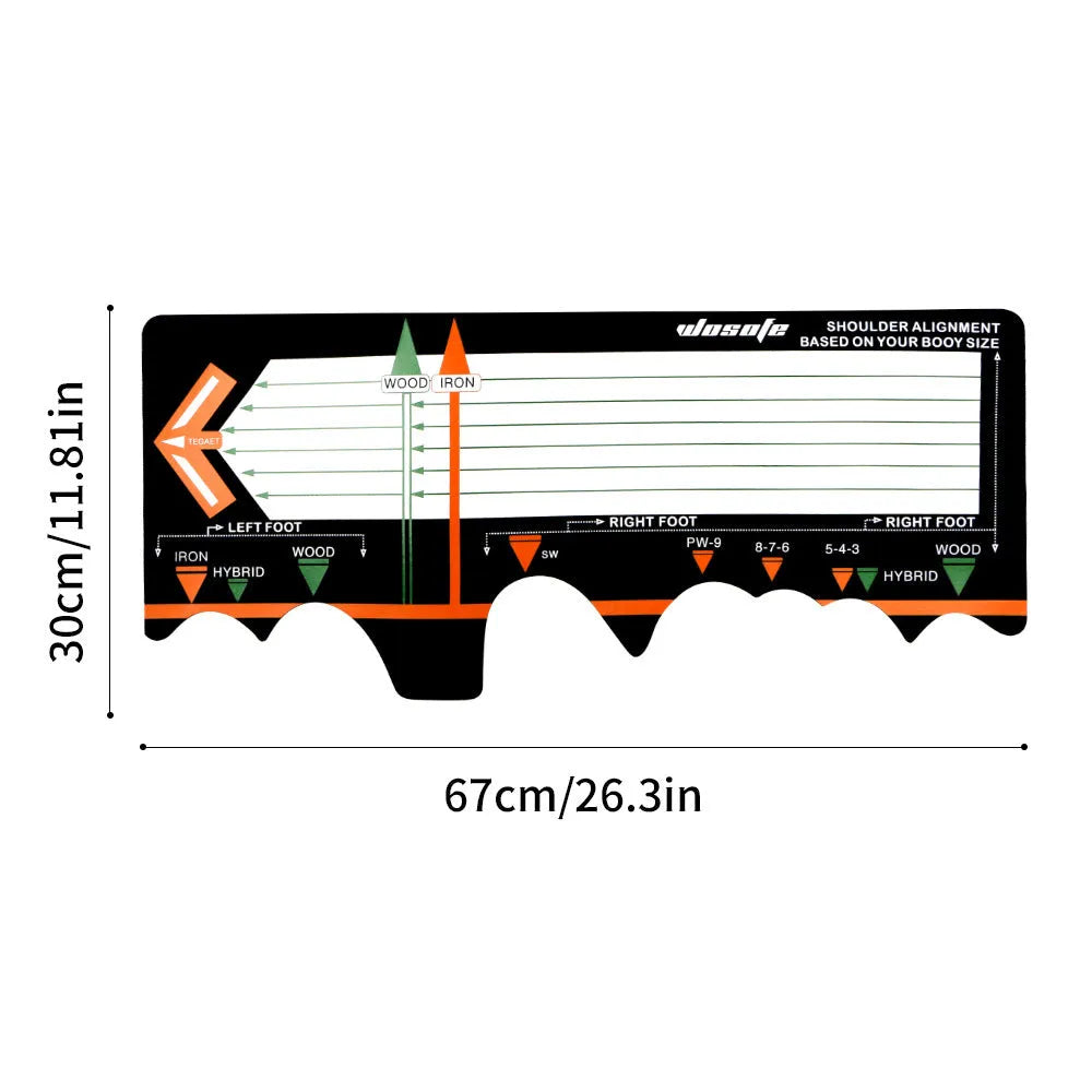 Black neoprene golf swing positioning pad for stance and alignment training.