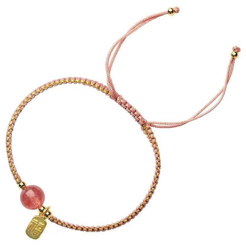 Adjustable red rope bracelet with Strawberry Quartz transfer beads unisex national tide style