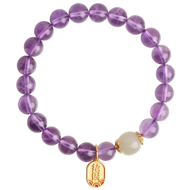 Amethyst crystal bracelet with 8mm beads in geometric national style design for women