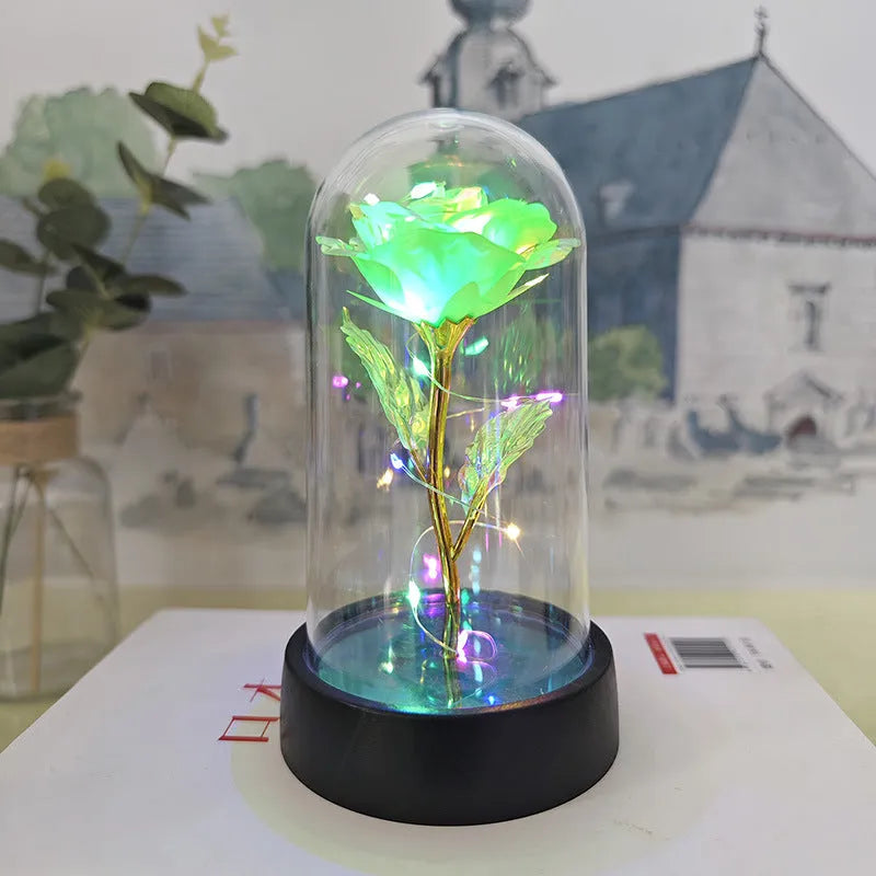 Small plastic night lamp with glass cover and plastic flowers, showing coloured LED light option.
