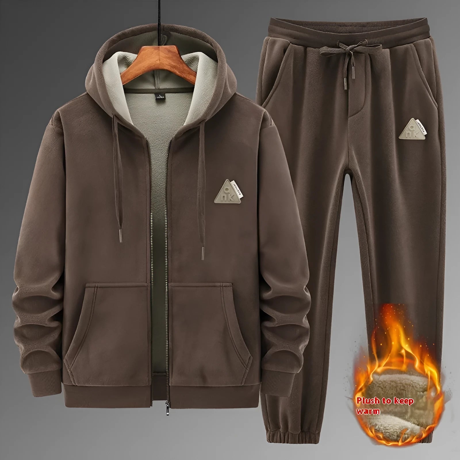 Men's grey hooded cashmere-feel sweater and matching trousers casual sports suit set