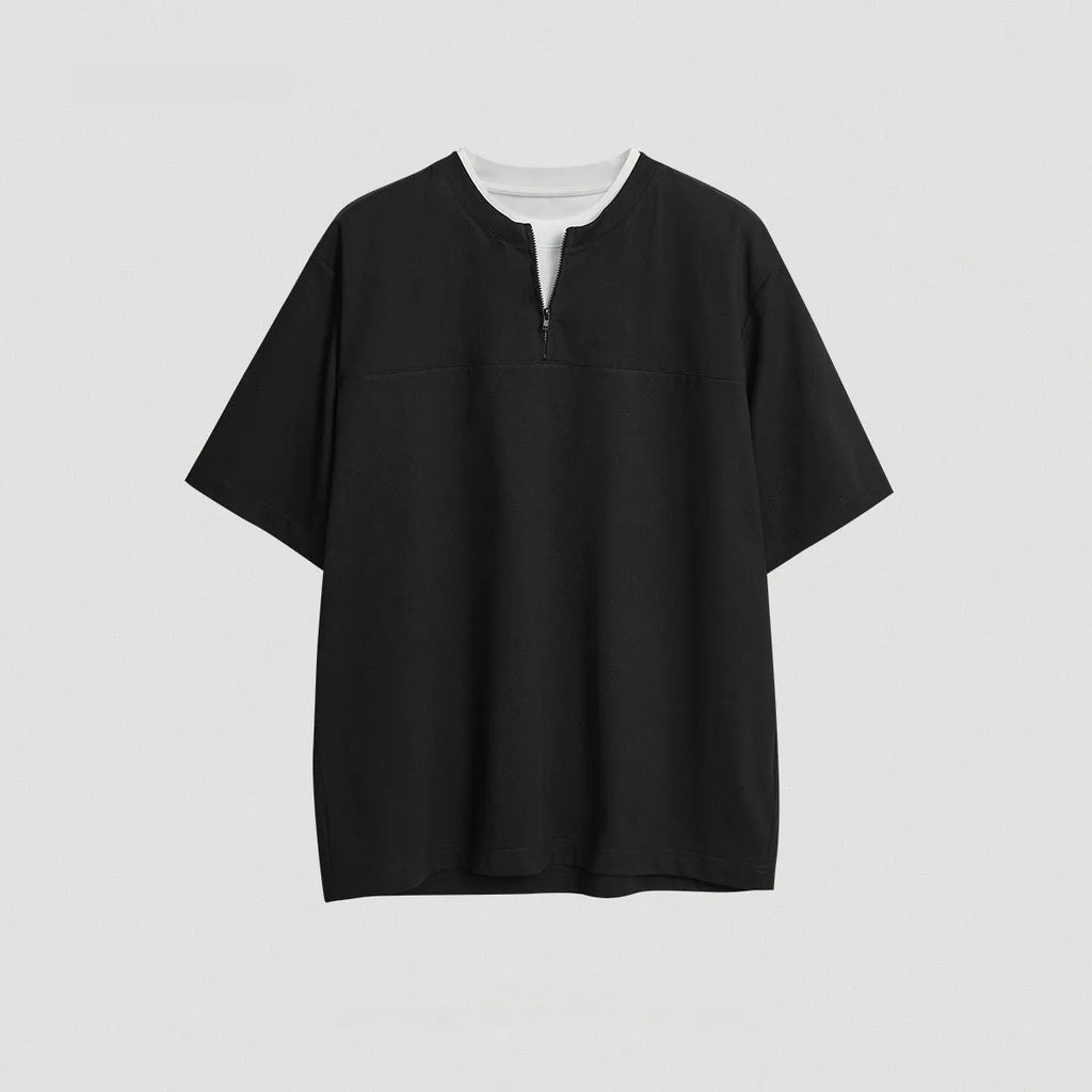 Women's cotton blend loose fit zip front pullover top with patchwork design in black, gray, and royal blue