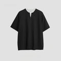 Women's cotton blend loose fit zip front pullover top with patchwork design in black, gray, and royal blue