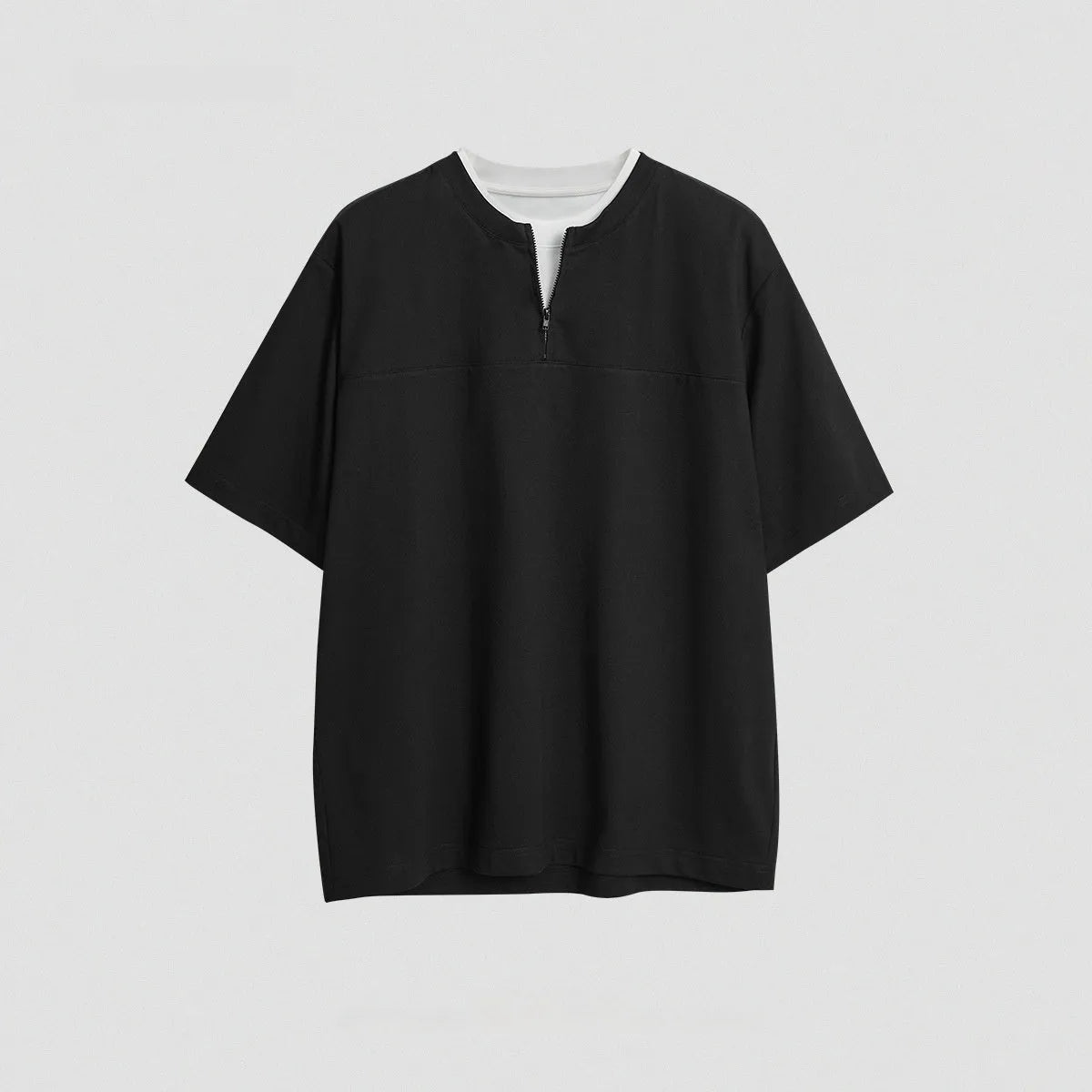 Women's cotton blend loose fit zip front pullover top with patchwork design in black, gray, and royal blue