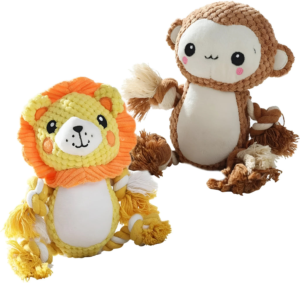 Stuffing-free squeaky plush dog toy bundle showing lion and monkey styles for medium to large dogs