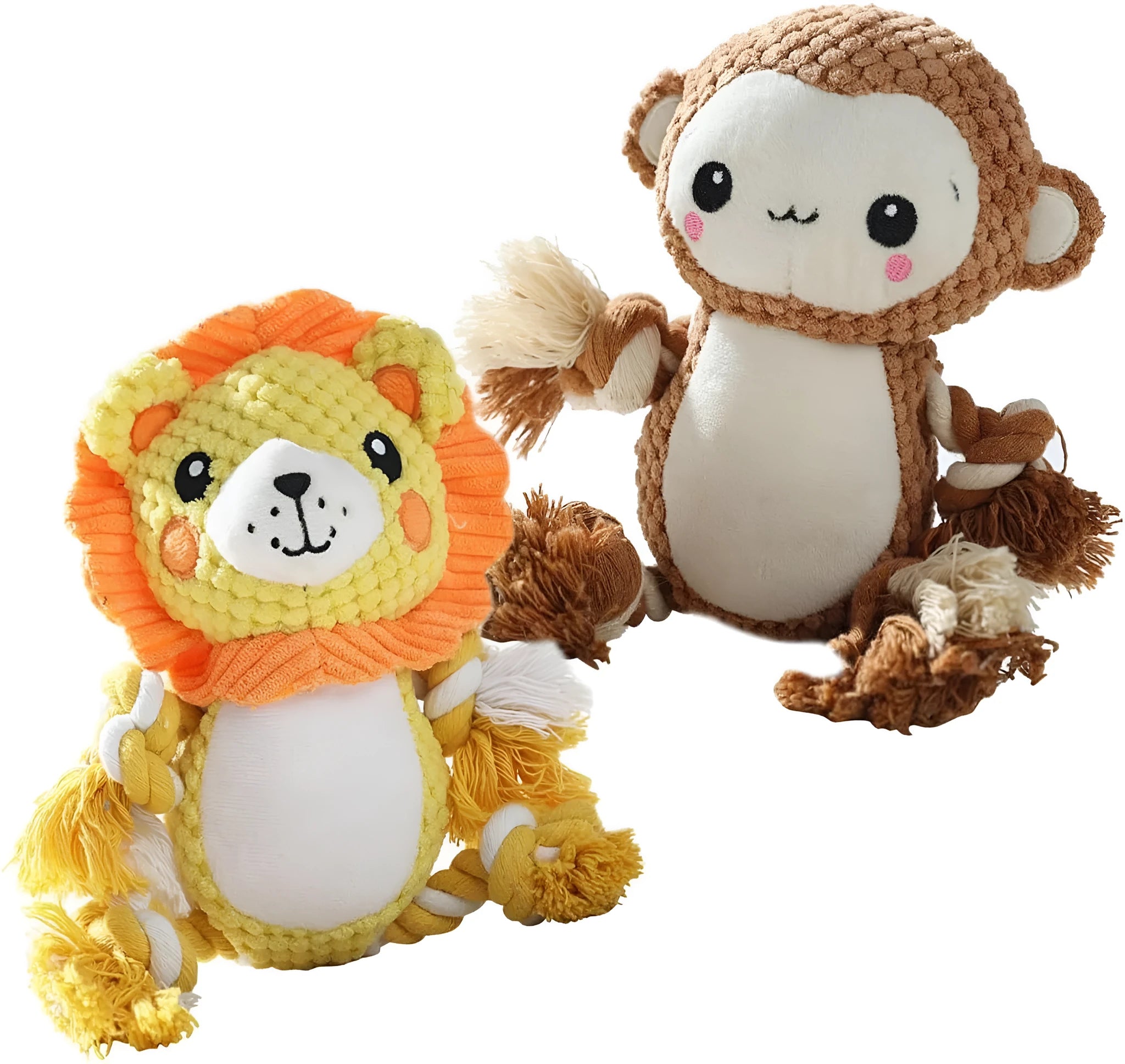 Stuffing-free squeaky plush dog toy bundle showing lion and monkey styles for medium to large dogs