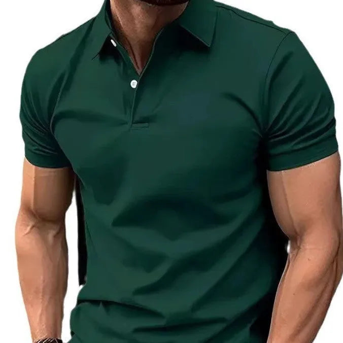 Men's slim fit casual short sleeve button shirt in a solid colour on a hanger.