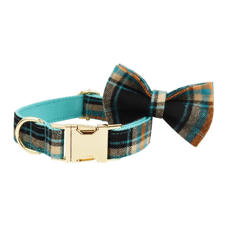 Green retro pet collar set with matching bow and dog vest on a light background