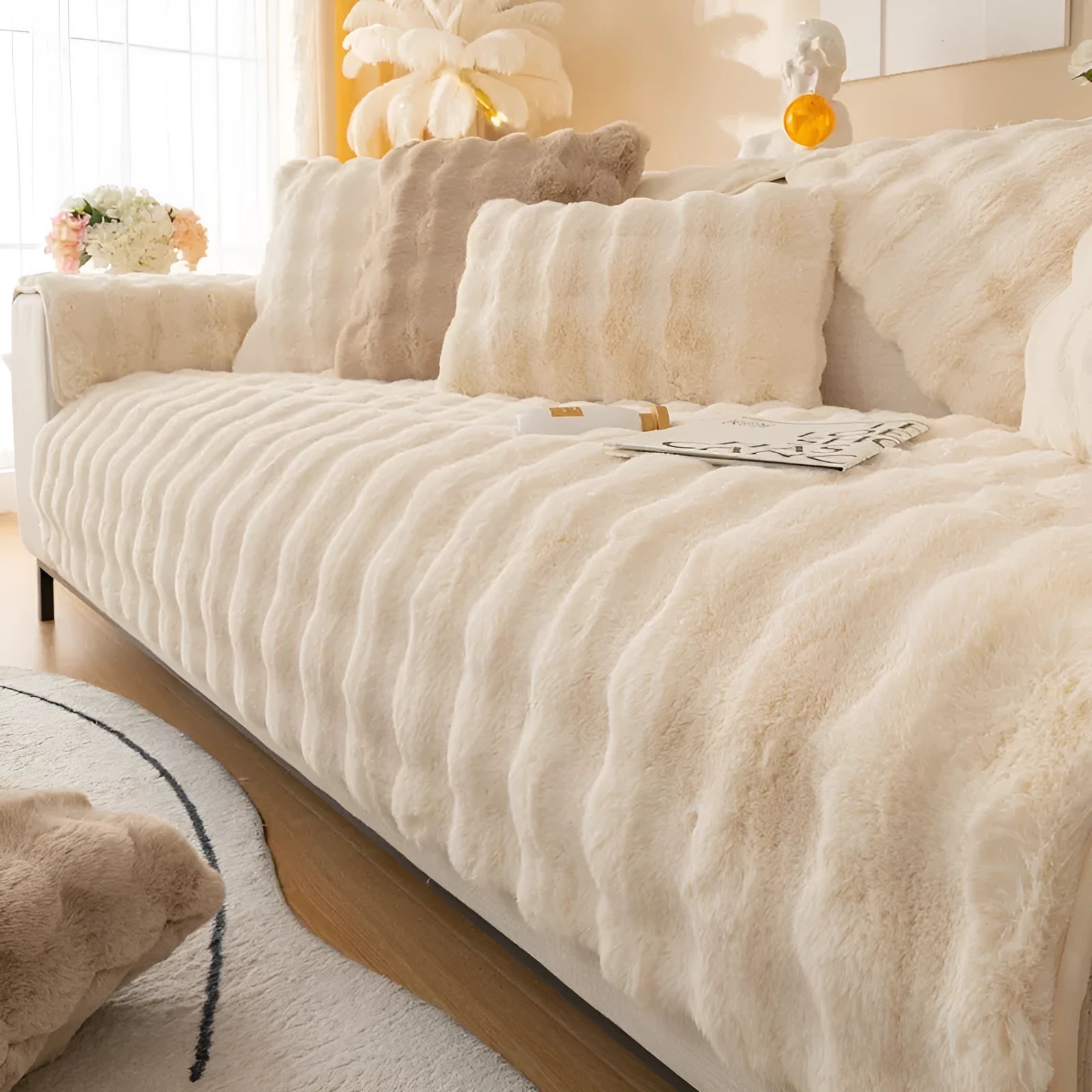 Winter thickened bubble rabbit hair sofa cushion in solid colour on a combination sofa