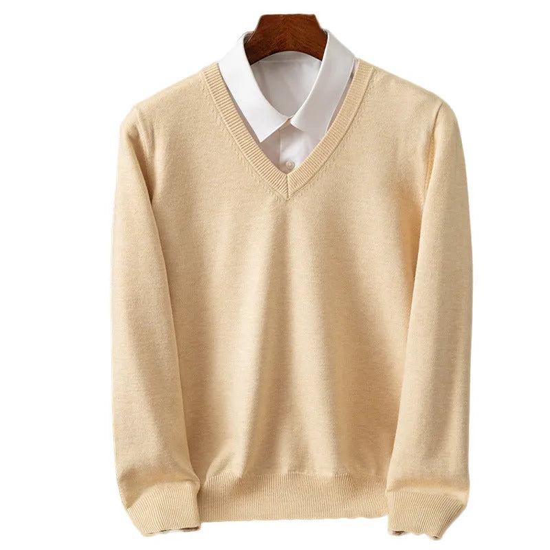 Men's V-neck knitted sweater in viscose blend, ribbed hem, available in multiple colours including grey and navy