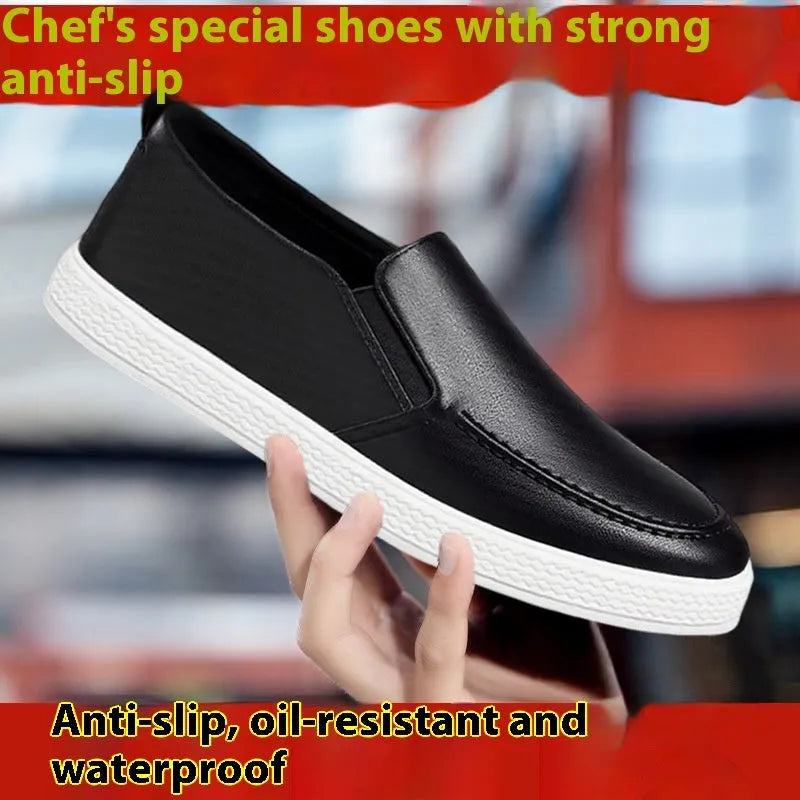 Men's summer kitchen working leather shoes in black with white bottom, round toe, solid colour flat sole