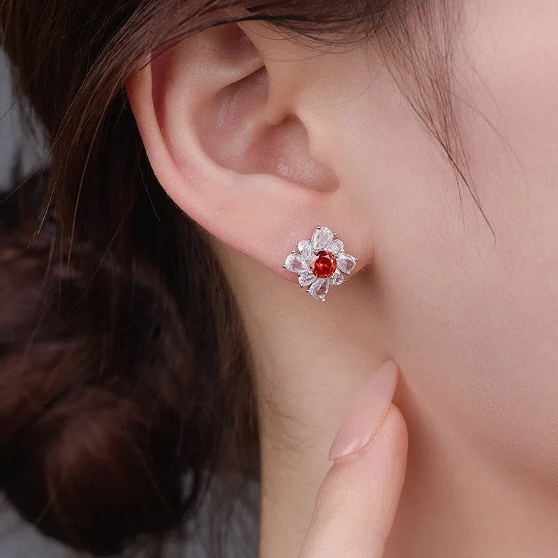 Retro 925 silver earrings with pigeon red diamond temperament and white gold colour electroplated finish, geometric U-shaped design