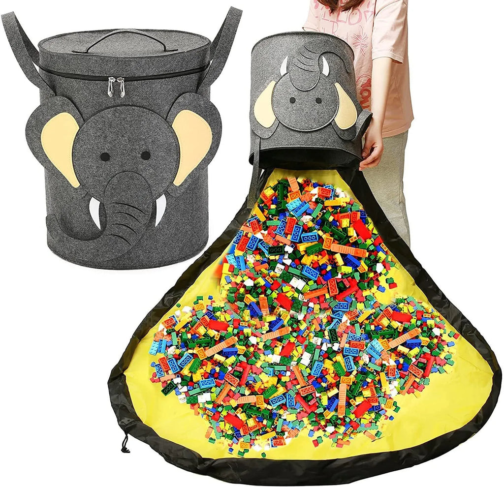 Green felt cube storage bag with pull rope shown as toy organiser and unfolded play mat