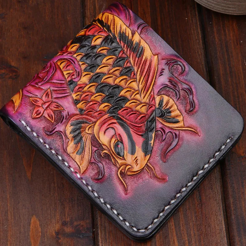 Men's hand-carved cow leather short bifold wallet in red, shown open.