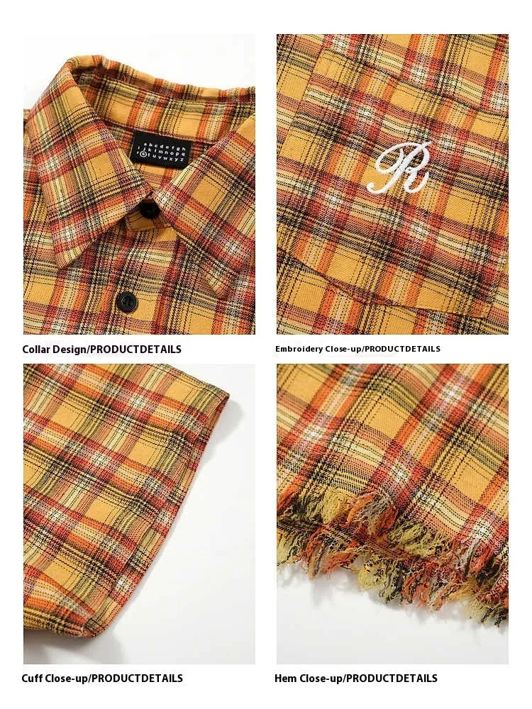 Yellow grid pattern short sleeve plaid shirt with embroidery pocket, loose fit design