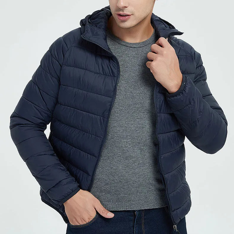 Men's lightweight hooded coat in solid colour with zipper closure, nylon outer, available in multiple colours