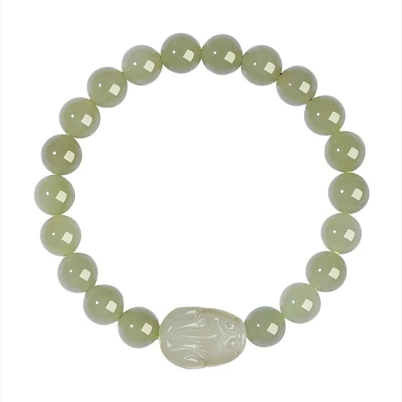 Women's Hetian jade leather show bracelet in national style, polished finish, 8mm bead size on neutral background