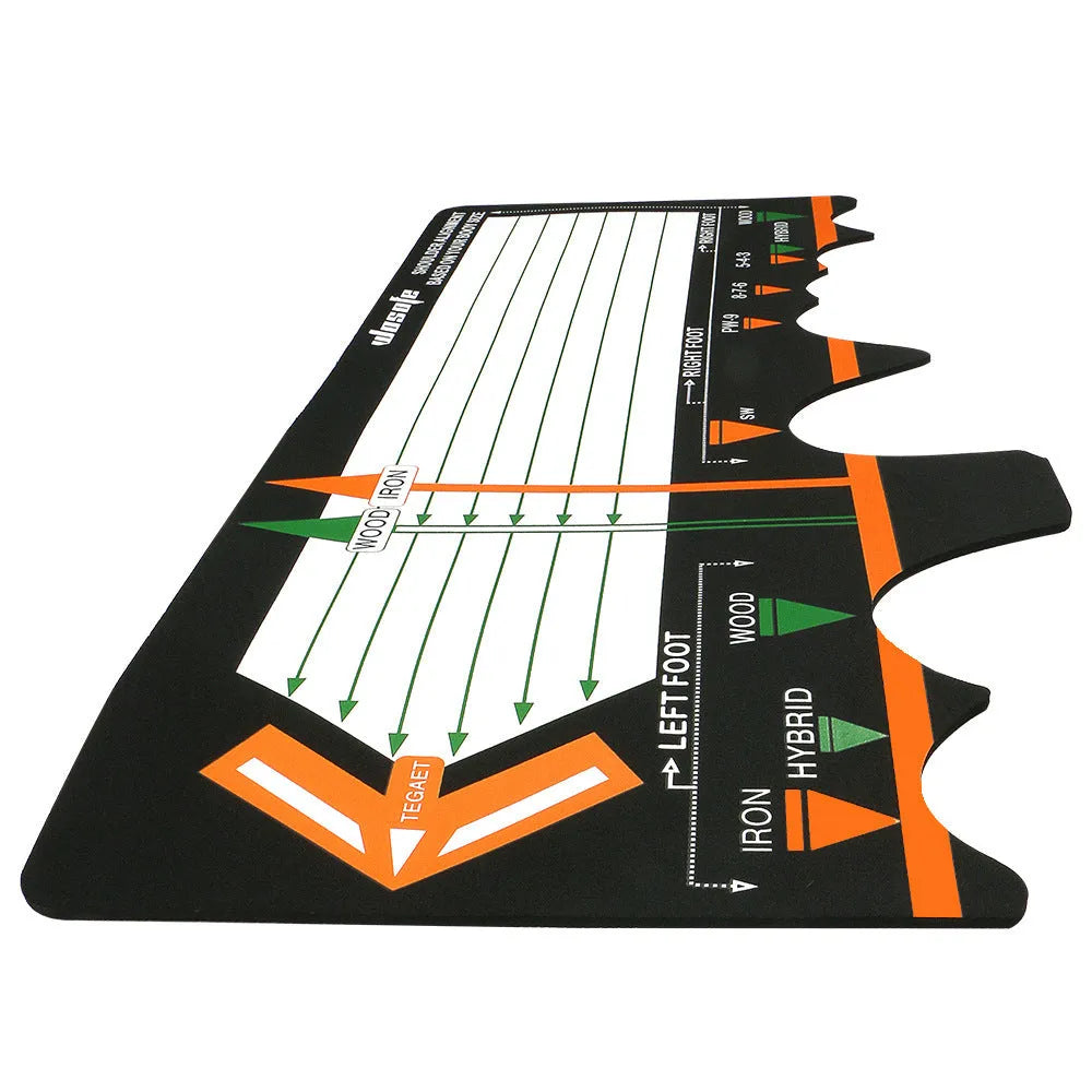 Black neoprene golf swing positioning pad for stance and alignment training.