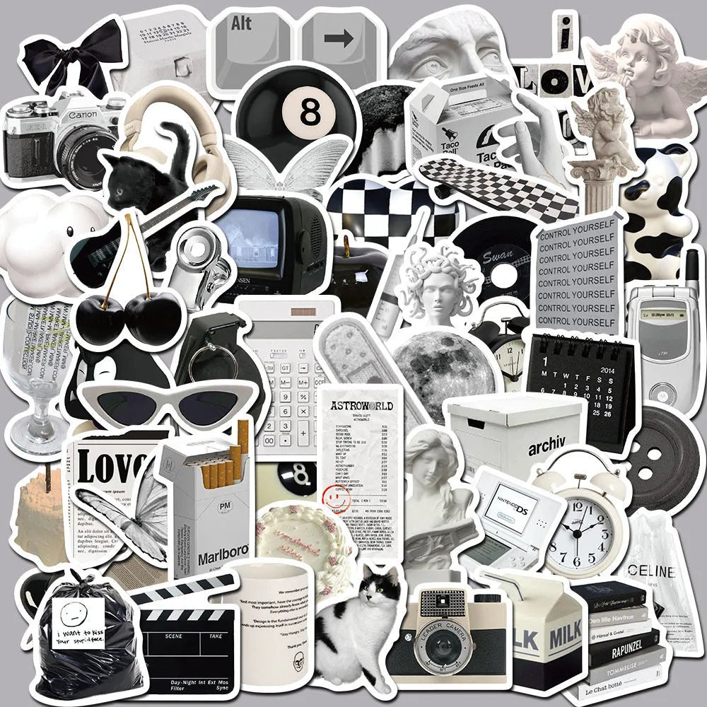 A pack of 61 black and white simple design waterproof PVC stickers for laptops and personal items.