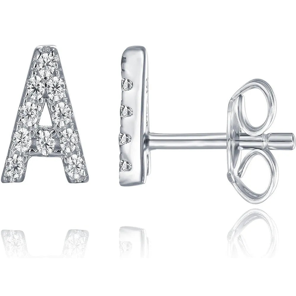 Brass gold plated alphabet letter earrings showing A to Z range on copper with zircon details