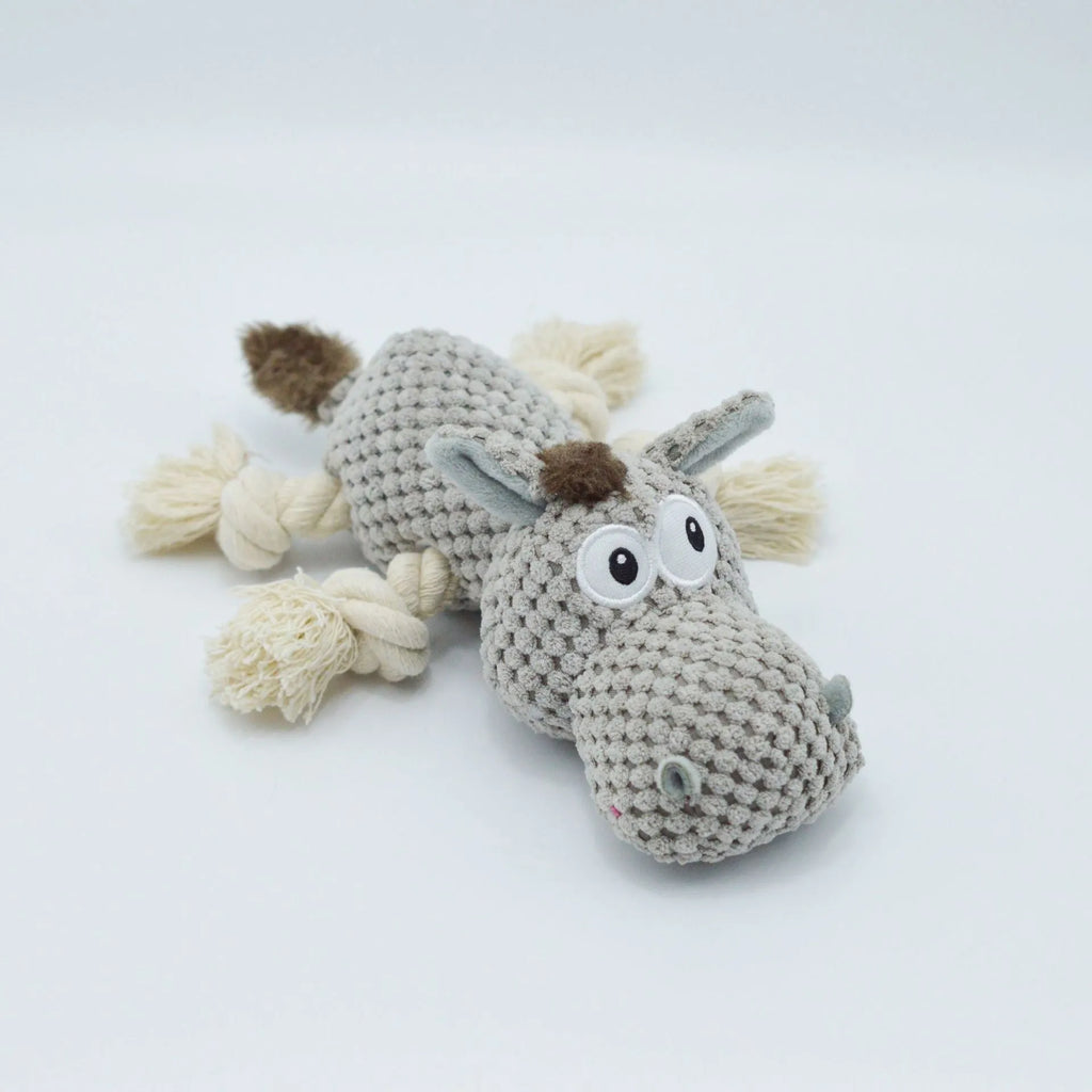 Gray donkey cloth velvet dog toy with creak sound on white background, measuring 27x20x9.5cm
