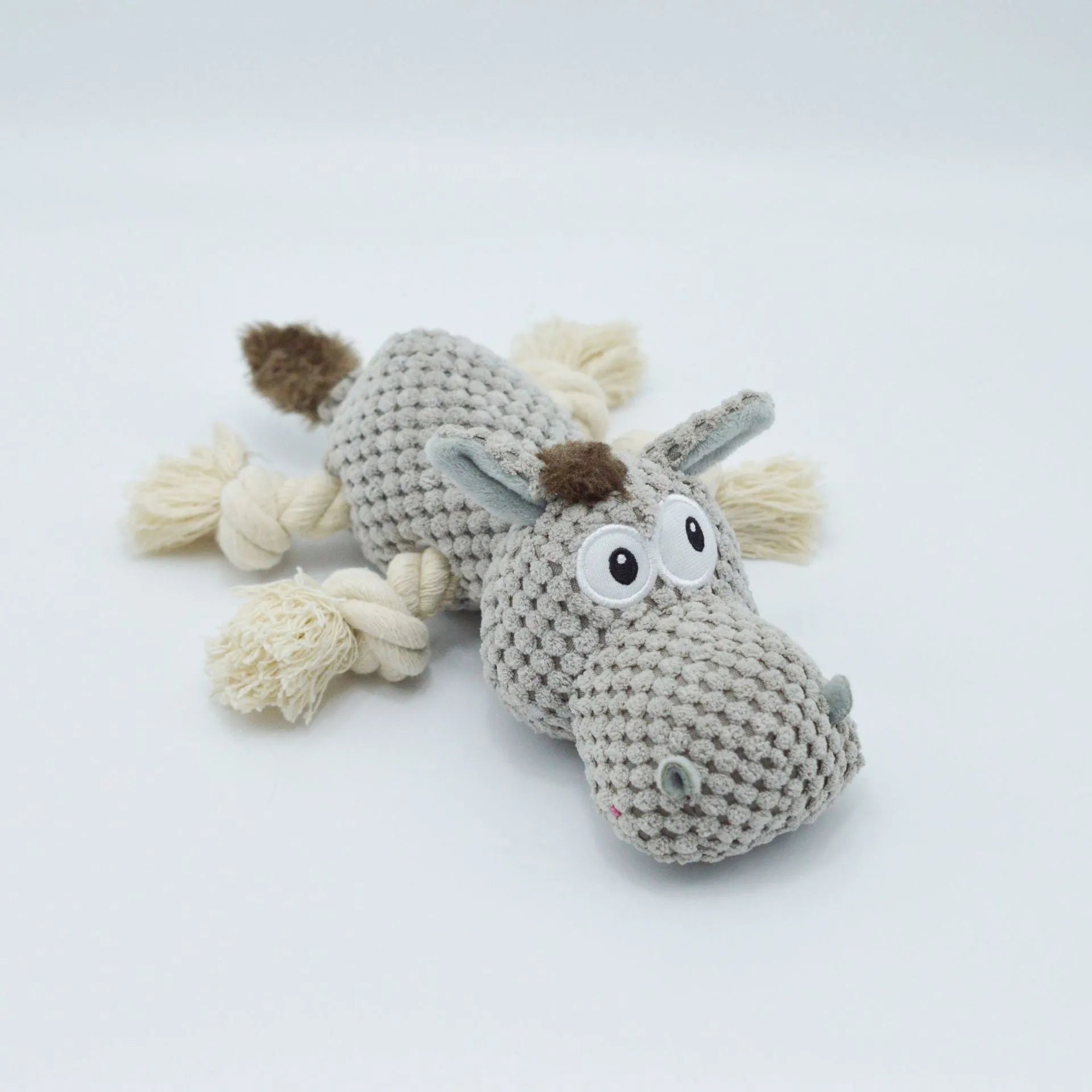 Gray donkey cloth velvet dog toy with creak sound on white background, measuring 27x20x9.5cm