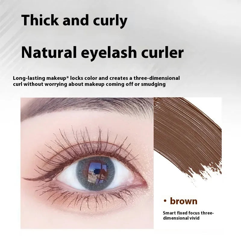 Steel tube waterproof mascara in black and brown shades shown with an eyelash curler.
