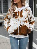 Yellow-brown animal print hooded cardigan jacket with zip front and plush fabric